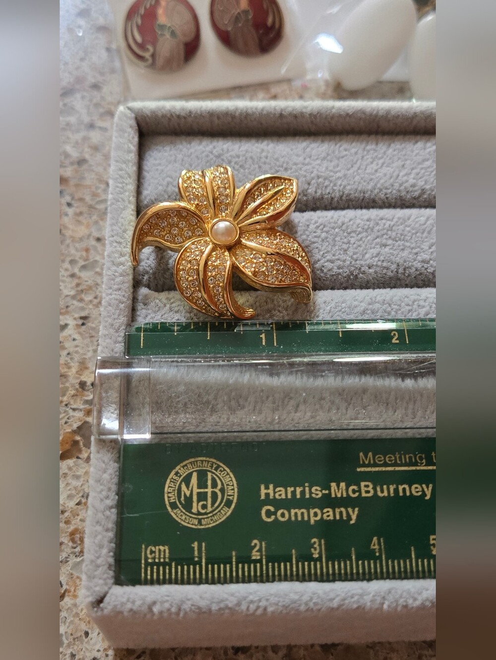 Dior Gold Plated Crystal Flower Brooch with Pearl Center - Picture 14 of 16